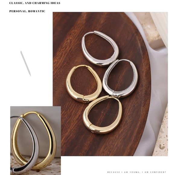 NEW 18K White Gold Plated Oval Hoop Earrings - Picture 3 of 5